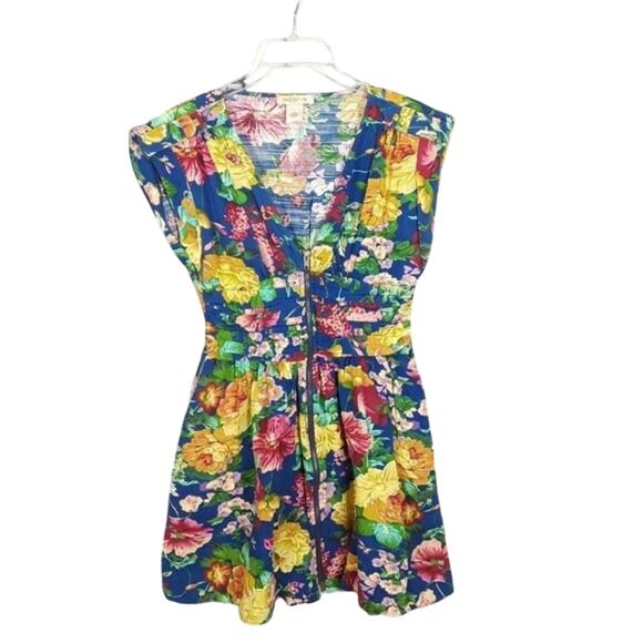 Arden B Zip Floral Pleated Flare Sleeveless Dress Small Blue Yellow - Picture 1 of 7